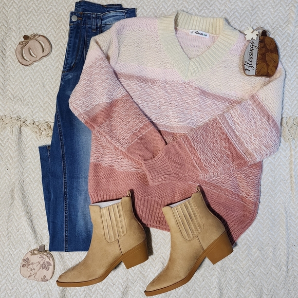 MACARON Pink and Cream Colorblock Boho Western Striped Sweater - Picture 1 of 3